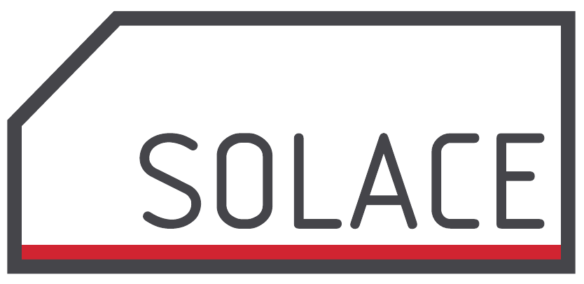 A white sign with the word SOLACE on it.